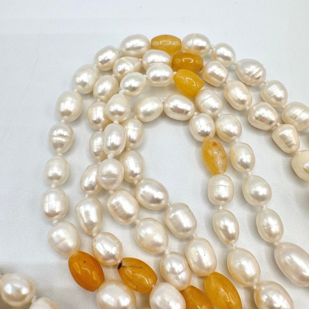 Flapper Length Cultured Pearl and Peach Gemstone Necklace Knotted Beachy Summery - Picture 13 of 16
